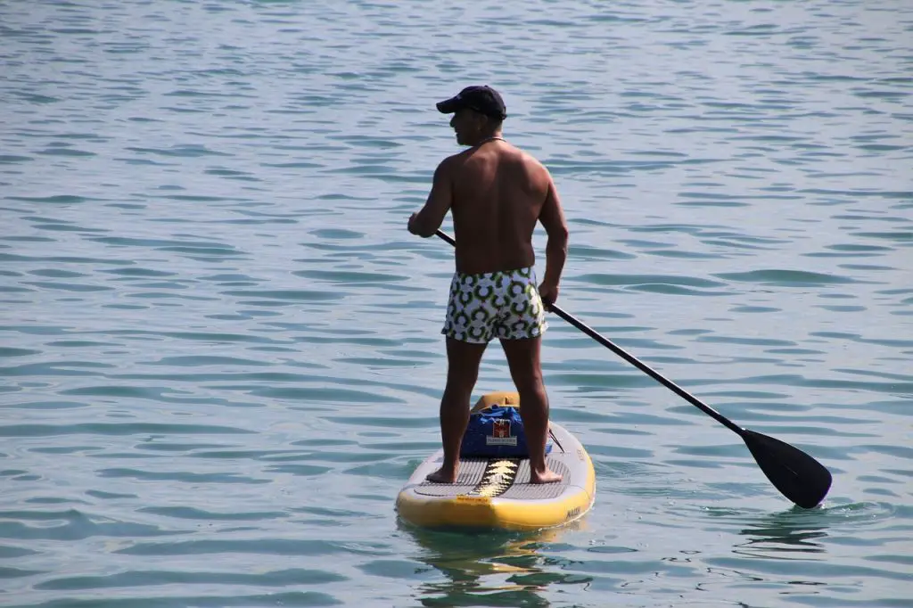 Standup paddleboarding on the water.